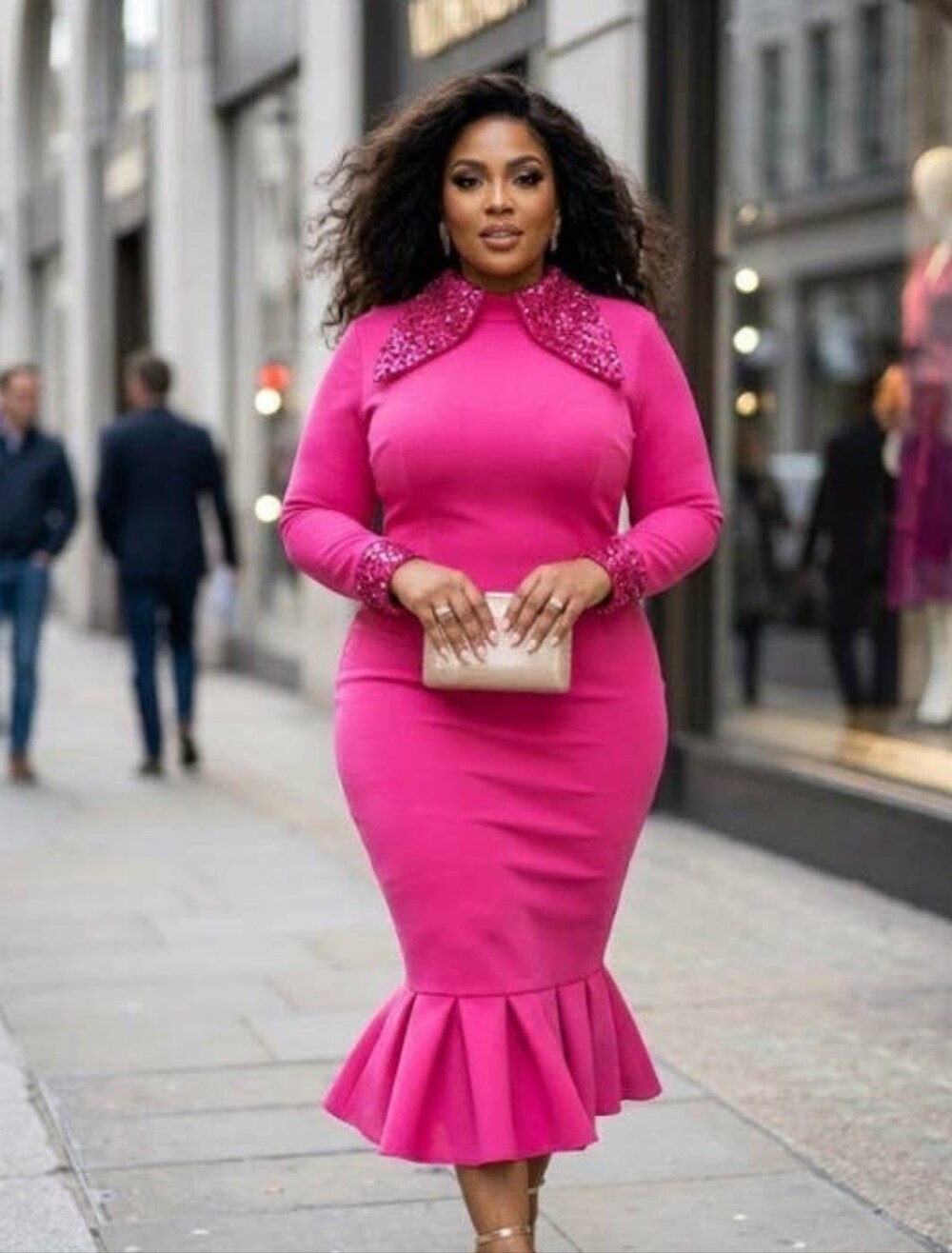 Fuchsia Long Sleeve Peplum Hem Bodycon Dress Beaded Collar.